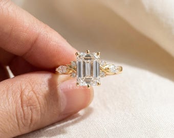 Emerald Cut Lab Diamond Engagement Ring Gift for Her | Solid Gold Floral Side Stone Ring | Unique Vintage Proposal Ring , FifthFacet