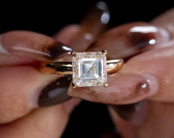 Bague de fiançailles diamant taille laboratoire Asscher pour elle | Bague solitaire en or jaune | Bague de proposition diamant carrée unique, FifthFacet