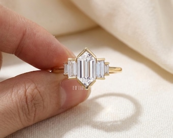 Hexagon Cut Lab Grown Diamond Engagement Ring Gift for Her | Solid Gold Baguette Side Stone Ring | Unique Art Deco Proposal Ring ,FifthFacet