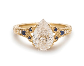 Peer geslepen lab diamanten verlovingsring cadeau voor haar | Massief gouden blauwe saffier accentring | Vintage Milgrain voorstelring, FifthFacet