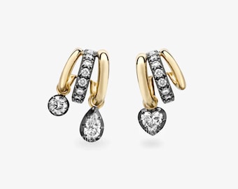 Niet-overeenkomende Lab Diamond Huggie-oorringen Cadeau voor haar | Massief goud Zwart Rhodium Charm Hoops Hart Peer Ronde Dangle Oorbellen, FifthFacet