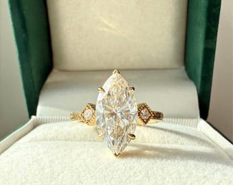 Marquise Cut Lab Grown Diamond Engagement Ring Gift for Her | Solid Gold Kite Side Stone Ring | Unique Art Deco Proposal Ring , FifthFacet