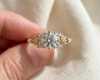 Round Lab Diamond Engagement Ring Gift for Her | Solid Gold Filigree Cluster Ring | Vintage Floral Proposal Ring, cluster ring , FifthFacet