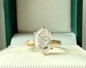 Hexagon Cut Lab Grown Diamond Engagement Ring Gift for Her | Solid Gold Diamond Band Ring | Unique Proposal Ring , FifthFacet