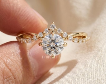 Round Cut Lab Grown Diamond Engagement Ring Gift for Her | Solid Gold Tiara Crown Ring | Unique Curved Diamond Proposal Ring , FifthFacet