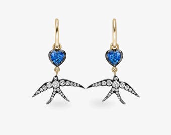 Huggie-oorringen met blauw hart edelsteen cadeau voor haar | Massief gouden zwarte rhodium vogel oorbellen | Lab Diamond zwaluw bedeloorbellen