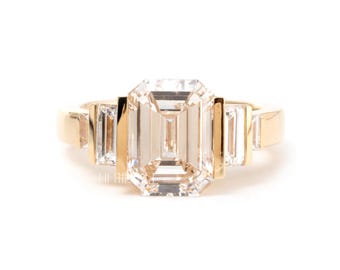 Emerald Cut Lab Diamond Engagement Ring Gift for Her | Solid Gold Baguette Side Stone Ring | Vintage Art Deco Proposal Ring , FifthFacet