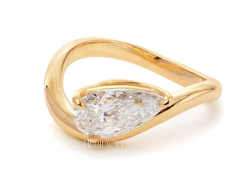 Peer geslepen lab diamanten verlovingsring cadeau voor haar | 925 zilveren en massief gouden bypass-ring | Unieke moderne voorstelring, FifthFacet