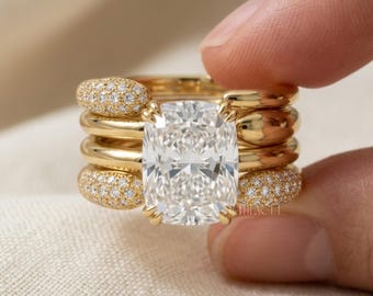 Cushion Cut Diamond Stackable Bridal Ring Set Gift for Her | Solid Gold Multi Band Wedding Set | Unique Lab Diamond Engagement Ring