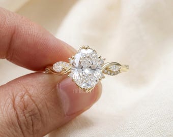 Oval Cut Lab Grown Diamond Engagement Ring Gift for Her | Solid Gold Leaf Side Stone Ring | Unique Nature Inspired Proposal Ring ,FifthFacet