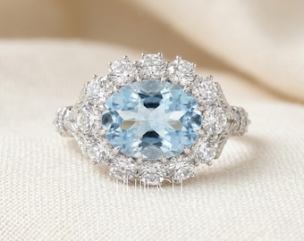 Oval Aquamarine Halo Ring Gift for Her | Solid Gold Vintage Diamond Engagement Ring | Unique Blue Gemstone Promise Ring , FifthFacet