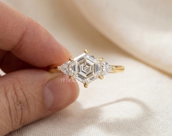 Hexagon Cut Lab Grown Diamond Engagement Ring Gift for Her | Solid Gold Three Stone Ring | Trillion Side Stone Unique Proposal Ring