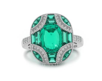 Smaragdgroene edelsteenring cadeau voor haar | Witgouden art-deco diamanten haloring | Vintage ovale statement verlovingsring, FifthFacet