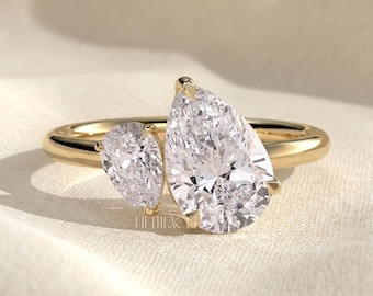 Pear & Oval Lab Grown Diamond Engagement Ring Gift for Her | Solid Gold Toi et Moi Ring | Unique Two Stone Proposal Ring , FifthFacet
