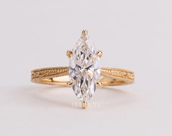 Anillo de compromiso con diamante talla marquesa, regalo para ella / Anillo solitario vintage de oro macizo con banda milgrain / Anillo nupcial único para mujer