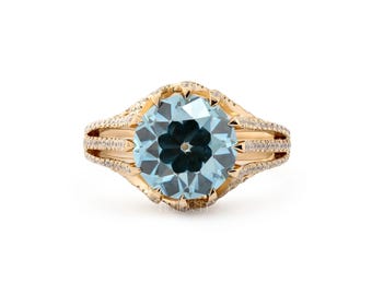 Cadeau bague aigue-marine ronde bleue pour elle | Bague en or massif avec diamants fendus | Bague de proposition unique, alliance, FifthFacet
