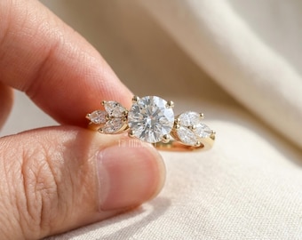 Round Cut Lab Diamond Engagement Ring Gift for Her | Solid Gold Floral Leaf Side Stone Ring | Nature Inspired Proposal Ring , FifthFacet