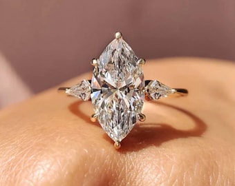 Marquise Cut Lab Grown Diamond Engagement Ring Gift for Her | Solid Gold Kite Side Stone Ring | Unique Three Stone Proposal Ring ,FifthFacet