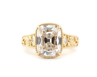 Bague de fiançailles diamant de laboratoire taille coussin allongée pour elle | Bague florale vintage en or massif | Bague de fiançailles antique unique, FifthFacet