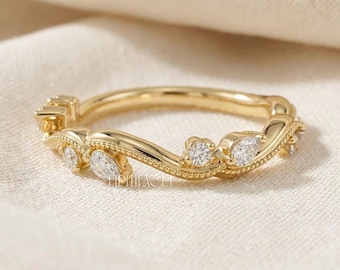 Vine Leaf Diamond Wedding Band Gift for Her | Solid Gold Curved Stackable Ring | Unique Marquise Diamond Anniversary Ring
