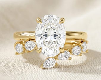 Conjunto de anillos de boda ovalados con diamantes, regalo para ella / Conjunto de alianzas de oro macizo con diamantes en forma de pera / Anillo de compromiso único con diamantes de laboratorio, FifthFacet