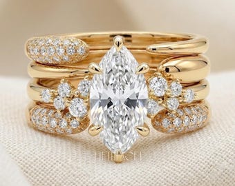 Marquise Diamond Bridal Ring Set Gift for Her | Solid Gold Stacking Wedding Band Set | Unique Lab Diamond Engagement Ring , FifthFacet