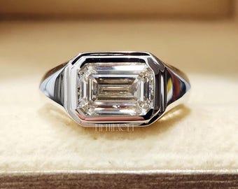Anillo de sello con diamante talla esmeralda, regalo para ella / Anillo de diamantes con engaste de oro macizo / Anillo de compromiso vintage llamativo, FifthFacet