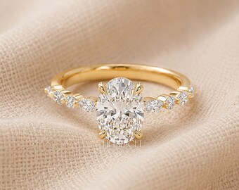 Oval Lab Grown Diamond Engagement Ring Gift for Her | Solid Gold Marquise Accent Proposal Ring | Nature Inspired Bridal Jewelry, FifthFacet