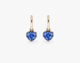 Blauw hart Huggie-oorringen cadeau voor haar | Massief gouden zwarte rhodium saffier hart oorbellen | Romantische bedeloorbellen, FifthFacet