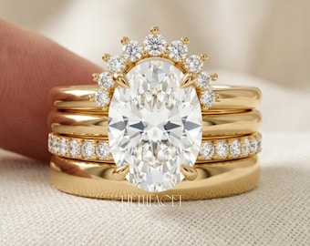 Oval Diamond Crown Bridal Ring Set Gift for Her | Solid Gold Tiara Wedding Band Set | Unique Lab Diamond Engagement Ring  , FifthFacet