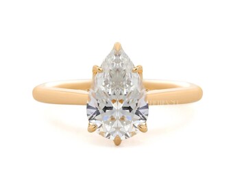 Bague de fiançailles avec diamants cultivés en laboratoire taille poire pour elle | Bague solitaire en or massif avec halo caché | Bague de mariée vintage millegrain, FifthFacet