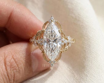 Marquise Cut Lab Grown Diamond Engagement Ring Gift for Her | Solid Gold Vintage Halo Ring | Unique Art Deco Proposal Ring , FifthFacet