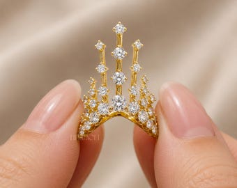 Anillo de tiara con corona de diamantes, regalo para ella / Anillo llamativo de oro macizo con diamantes redondos / Alianza de boda curva única, FifthFacet
