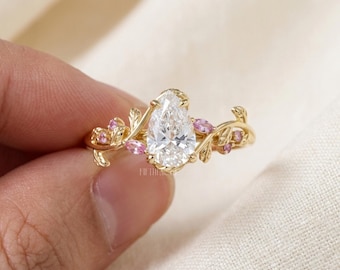 Pear Cut Lab Grown Diamond Engagement Ring Gift for Her | Solid Gold Pink Gemstone Floral Vine Ring | Unique Nature Inspired Proposal Ring