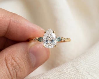 Pear Cut Lab Grown Diamond Engagement Ring Gift for Her | Solid Gold Teal Gemstone Side Stone Ring | Unique Three Stone Proposal Ring