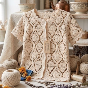May include: A cream-colored short-sleeve crochet blouse featuring an intricate pineapple and floral pattern with a scalloped edge. The garment has a front button closure and a beige paper tag with the text Handmade Crochet Blouse Pure Cotton Yarn.