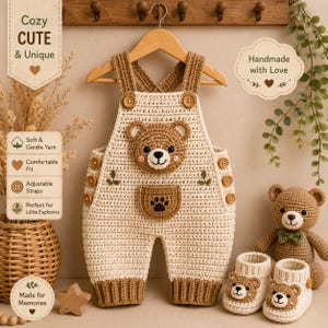 May include: A cream and brown crocheted baby overall featuring a bear face on the chest, a front pocket with a paw print design, and wooden buttons on the straps and sides. The set includes matching cream and brown crocheted baby booties with bear faces.