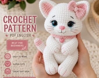 Haakpatroon voor een kat, pluche amigurumi-katje, poesje met strik, makkelijk te maken pluche amigurumi-katje, schattige pluche kitten-tutorial, digitale download
