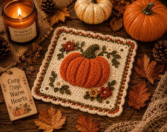 Haakpatroon voor een pompoen placemat (PDF), herfst tafelkleed haakpatroon, herfst woondecoratie, pompoen onderzetter, oogstdecoratie, direct te downloaden cadeau