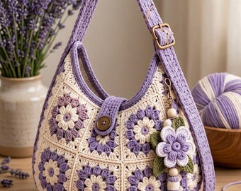 Vintage Bloom haakpatroon voor een tas (PDF), bloemenprint tasje in Grandma Square-stijl, boho schoudertas, bloementas, haakpatroon voor beginners, digitale download