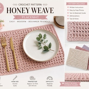 Puede incluir: Un patrón de ganchillo en PDF digital para un mantel individual Honey Weave. La imagen muestra un mantel rectangular rosa terminado con un diseño de rejilla texturizado, un plato blanco, cubiertos dorados y una ramita verde. Detalles incluidos.