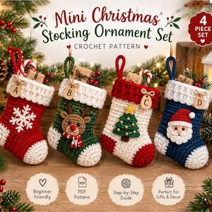 May include: A set of four crocheted mini Christmas stocking ornaments labeled A, B, C, and D. The stockings feature a white snowflake, a reindeer, a Christmas tree, and a Santa Claus face. Each includes a hanging loop and a wooden tag.