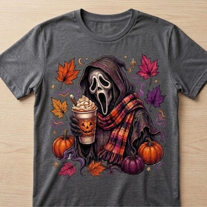 Ghostface Fall Coffee PNG, Halloween Latte Shirt Design, Autumn Spooky Season Sublimation