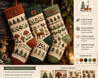 Haakpatroon voor een kerstsok (PDF), Kerstsok met bosmotief, Kerstsok met bosthema, Rustieke kerstdecoratie, Gehaakt kerstcadeau