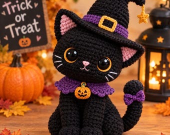 Haakpatroon voor een zwarte kat in heksenstijl, Halloween kat amigurumi PDF, patroon voor een kat met heksenhoed, griezelige gehaakte knuffel, Halloween decoratie, doe-het-zelf cadeau-idee