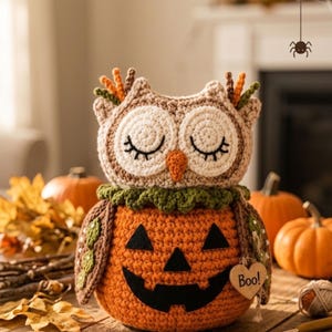 May include: A crocheted owl figure with a tan head and closed eyes, perched atop a round orange pumpkin body. The pumpkin features a black felt jack-o'-lantern face and a small wooden heart-shaped tag hanging from the side with the text Boo!.
