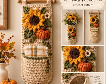 Haakpatroon voor een wandmandje met zonnebloem en pompoen, herfstdecoratie (PDF), hangende organizer, gehaakt wandmandje, herfstdecoratie, digitale download