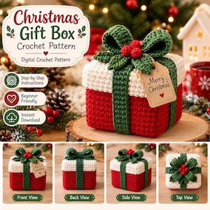 May include: A crochet pattern for a Christmas gift box, featuring a red and white square box with a green ribbon, a green bow, and red berries on top. A brown tag reads Merry Christmas with a heart. Includes front, back, side, and top views.