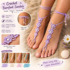 May include: Lavender crochet barefoot sandals featuring a floral pattern with white beads at the centre of each flower. The sandals include an adjustable ankle tie and a loop that fits around the second toe, crafted from soft yarn material.