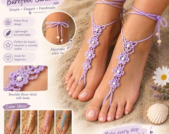 Haakpatroon voor blotevoetsandalen, bloemen enkelbandje voor op het strand (PDF), zomerse voetsieraden, boho trouwsandalen, haakpatroon voor beginners (PDF)